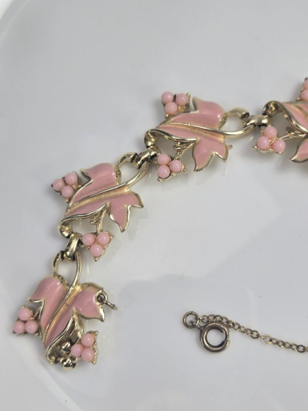 Vintage Coro Pink Thermoset Bracelet Leaf Floral Link MCM 1950s 60s - Picture 6 of 12